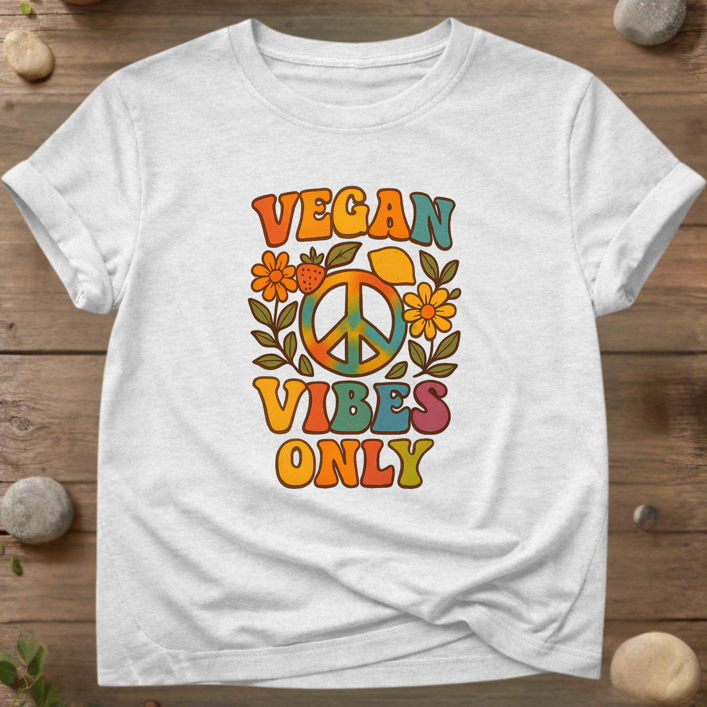 Vegan Vibes Only T-shirt – Retro Peace &amp; Plant Power graphic op een Stanley/Stella biologisch katoenen T-shirt