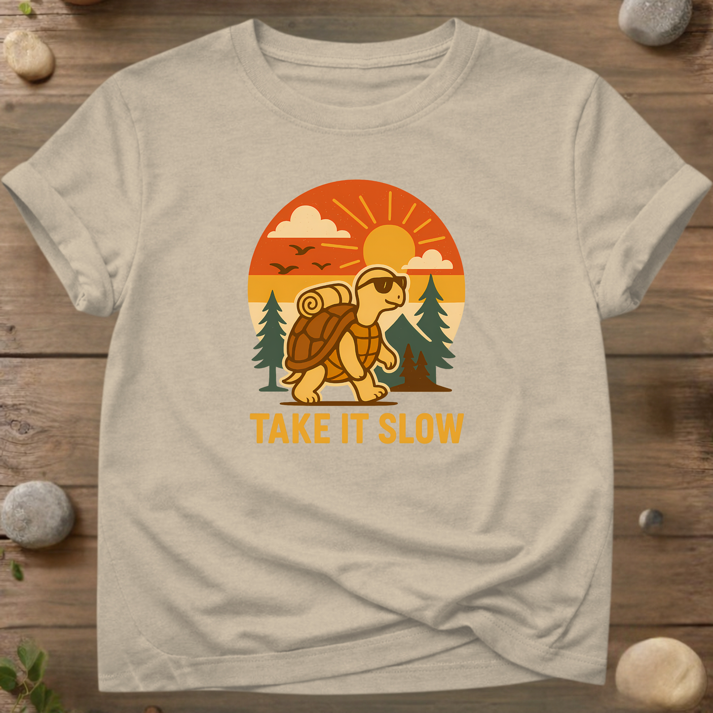 Retro "Take It Slow" schildpad T-shirt – Grappig minimalistisch natuurontwerp | Stella &amp; Stanley