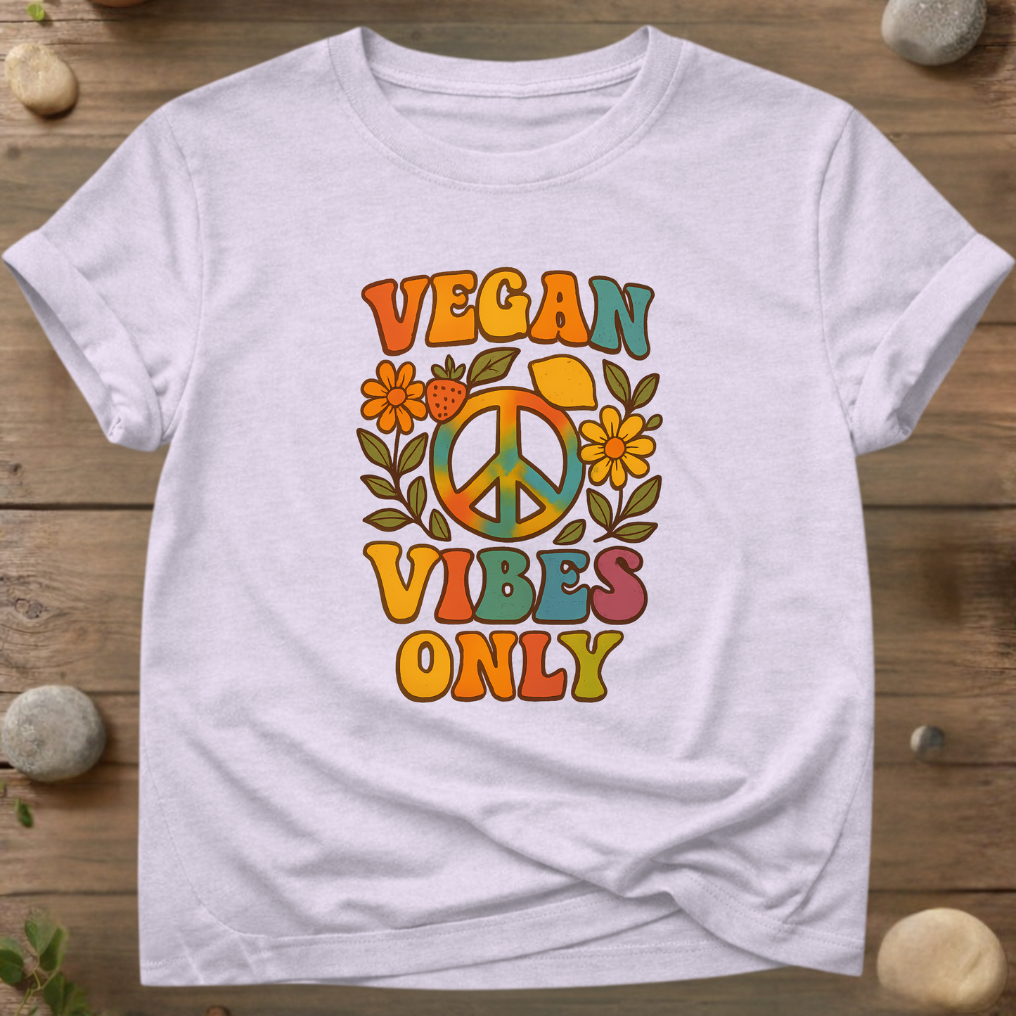 Vegan Vibes Only T-shirt – Retro Peace &amp; Plant Power graphic op een Stanley/Stella biologisch katoenen T-shirt
