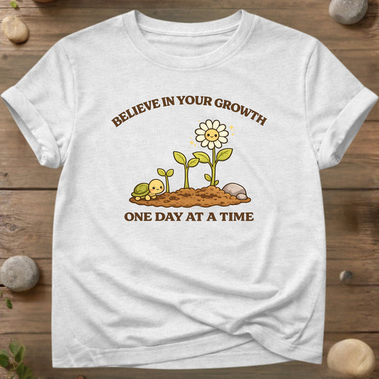 Believe in Your Growth T-Shirt – Cute Turtle & Flower Design