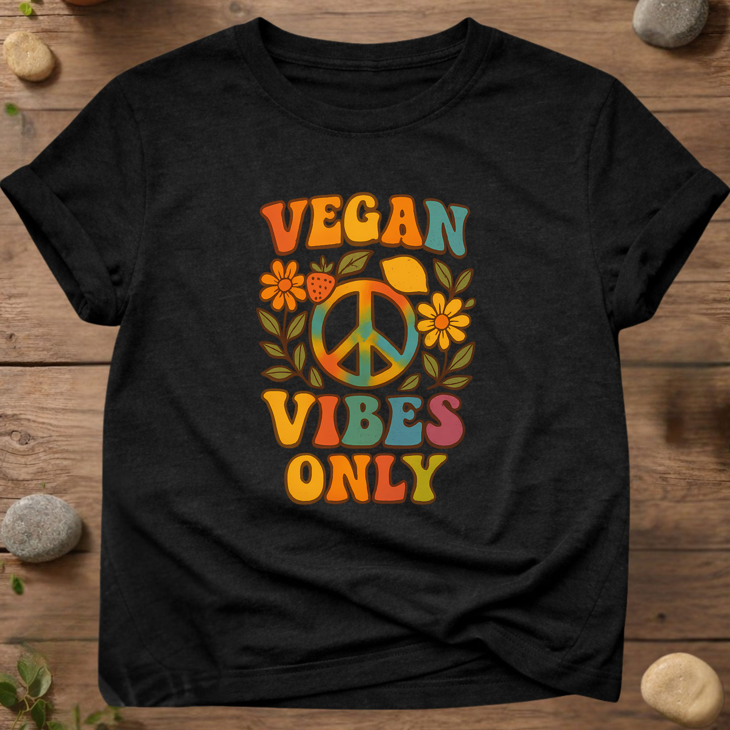 Vegan Vibes Only T-shirt – Retro Peace &amp; Plant Power graphic op een Stanley/Stella biologisch katoenen T-shirt